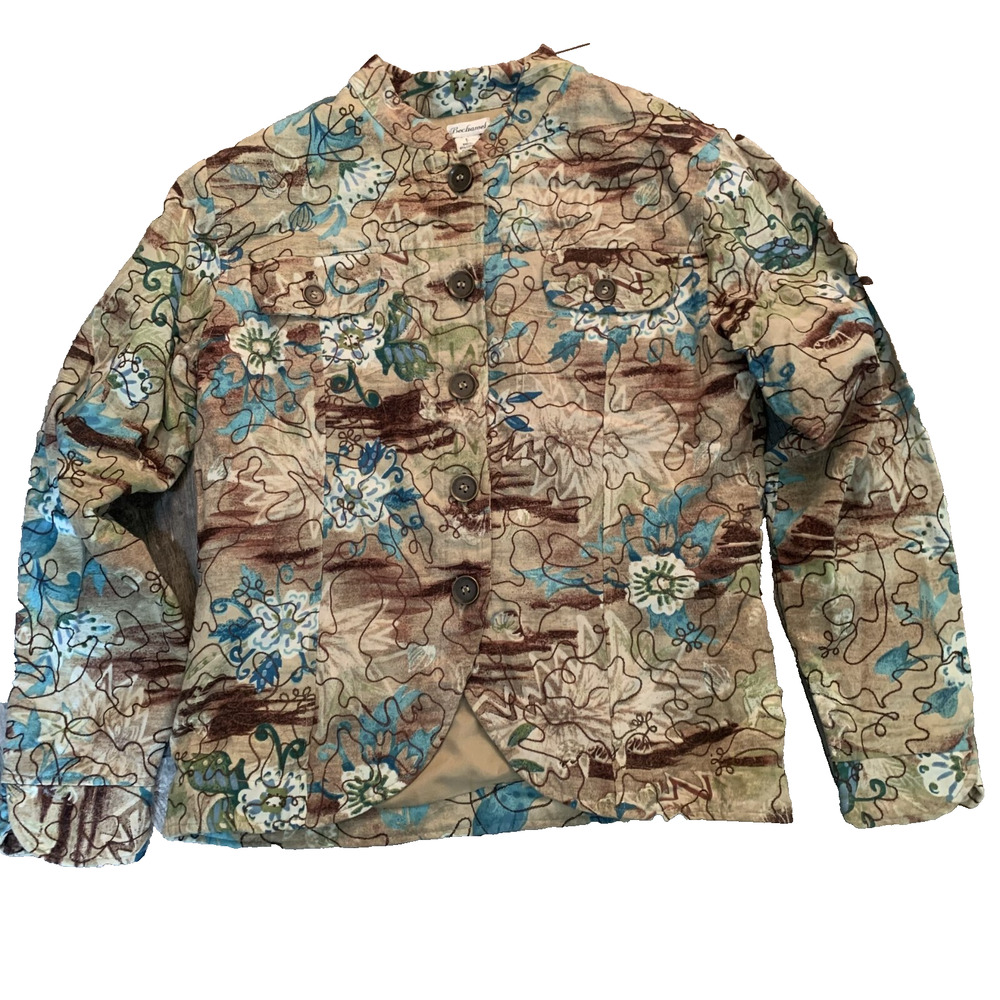 BECHAMEL WOMEN'S TAN/BLUE ARTSY FLORAL BUTTON FRONT JACKET/BLAZER SIZE SMALL-EUC